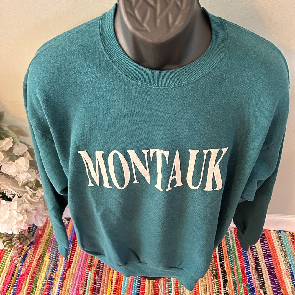 80s Montauk Puff Print Crewneck Sweatshirt Teal Green Jerzees Vintage XL - Picture 3 of 6